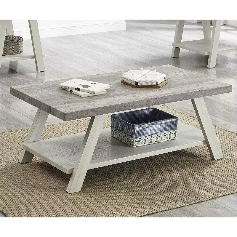 Table basse étagère bicolore contemporaine en bois gris patiné et beige
