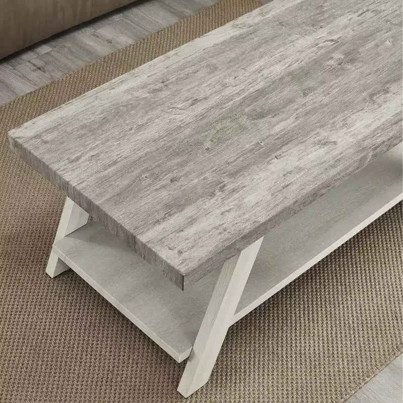 Table basse étagère bicolore contemporaine en bois gris patiné et beige