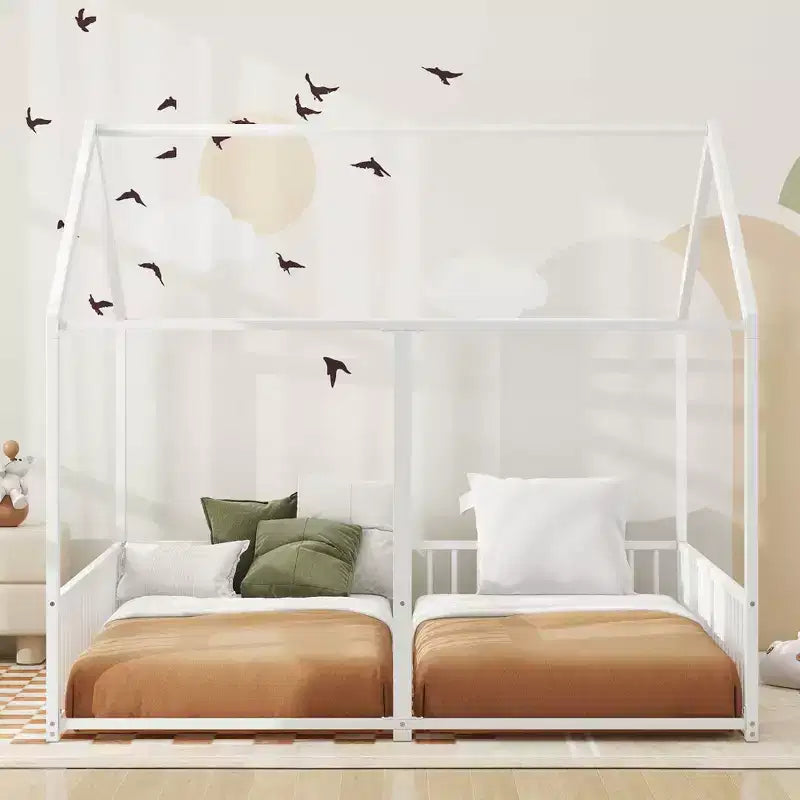 Lits plateformes superposés en métal taille simple en forme de maison avec deux lits partagés