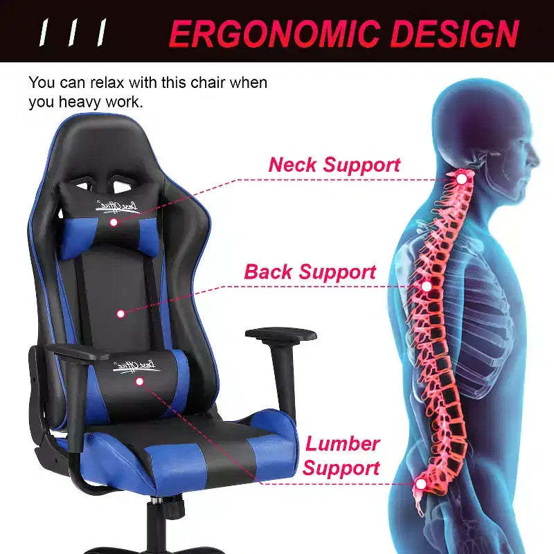Chaise de bureau gamer avec support lombaire, appui-tête, accoudoirs et roulettes, chaise d'ordinateur pivotante pour joueur sur PC
