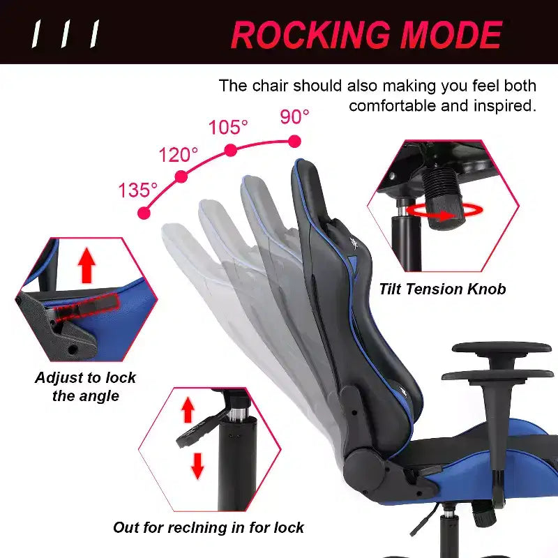 Chaise de bureau gamer avec support lombaire, appui-tête, accoudoirs et roulettes, chaise d'ordinateur pivotante pour joueur sur PC