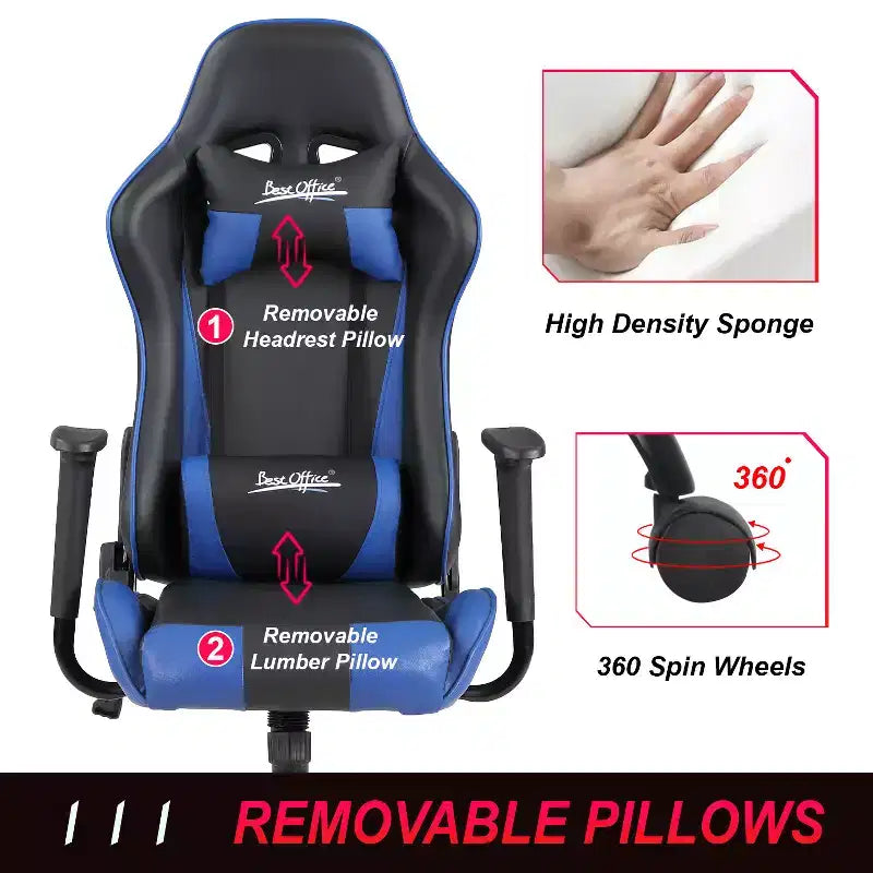 Chaise de bureau gamer avec support lombaire, appui-tête, accoudoirs et roulettes, chaise d'ordinateur pivotante pour joueur sur PC