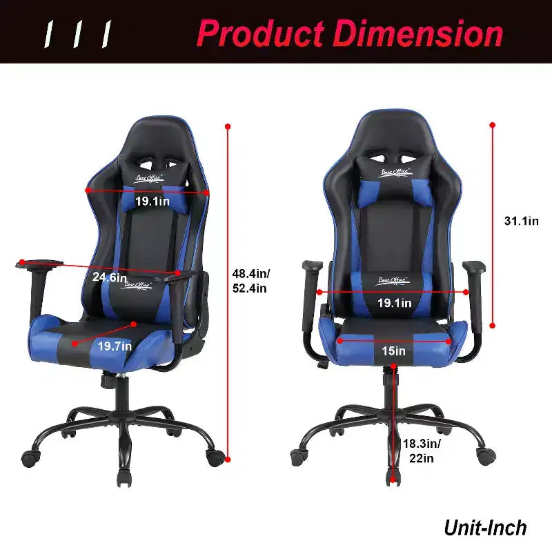Chaise de bureau gamer avec support lombaire, appui-tête, accoudoirs et roulettes, chaise d'ordinateur pivotante pour joueur sur PC