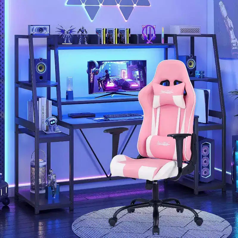 Chaise de bureau gamer avec support lombaire, appui-tête, accoudoirs et roulettes, chaise d'ordinateur pivotante pour joueur sur PC