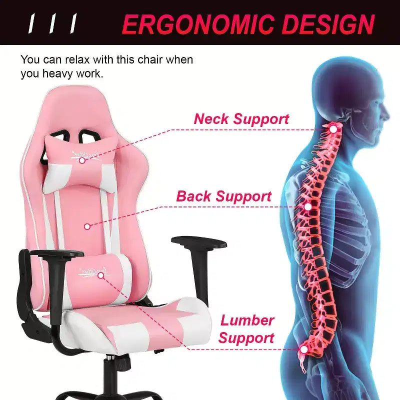 Chaise de bureau gamer avec support lombaire, appui-tête, accoudoirs et roulettes, chaise d'ordinateur pivotante pour joueur sur PC