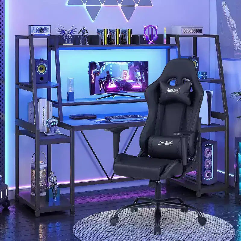 Chaise de bureau gamer avec support lombaire, appui-tête, accoudoirs et roulettes, chaise d'ordinateur pivotante pour joueur sur PC