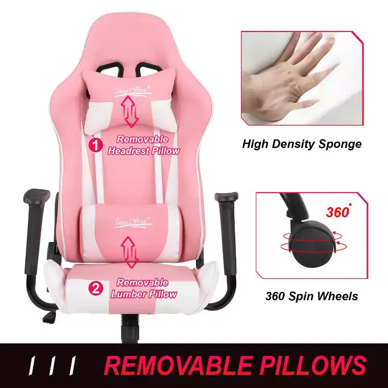 Chaise de bureau gamer avec support lombaire, appui-tête, accoudoirs et roulettes, chaise d'ordinateur pivotante pour joueur sur PC