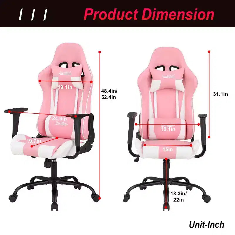 Chaise de bureau gamer avec support lombaire, appui-tête, accoudoirs et roulettes, chaise d'ordinateur pivotante pour joueur sur PC
