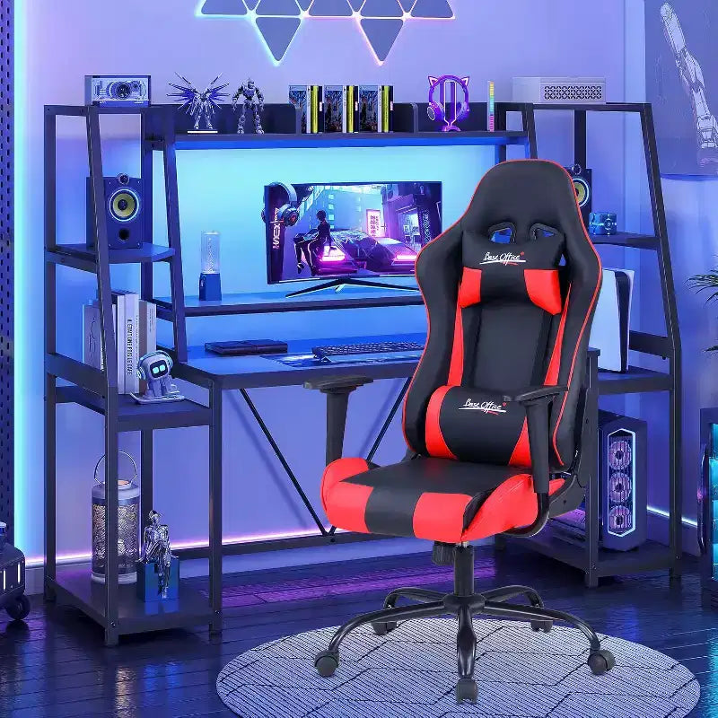 Chaise de bureau gamer avec support lombaire, appui-tête, accoudoirs et roulettes, chaise d'ordinateur pivotante pour joueur sur PC