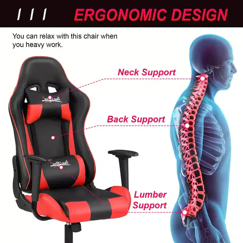 Chaise de bureau gamer avec support lombaire, appui-tête, accoudoirs et roulettes, chaise d'ordinateur pivotante pour joueur sur PC