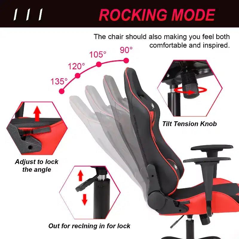 Chaise de bureau gamer avec support lombaire, appui-tête, accoudoirs et roulettes, chaise d'ordinateur pivotante pour joueur sur PC