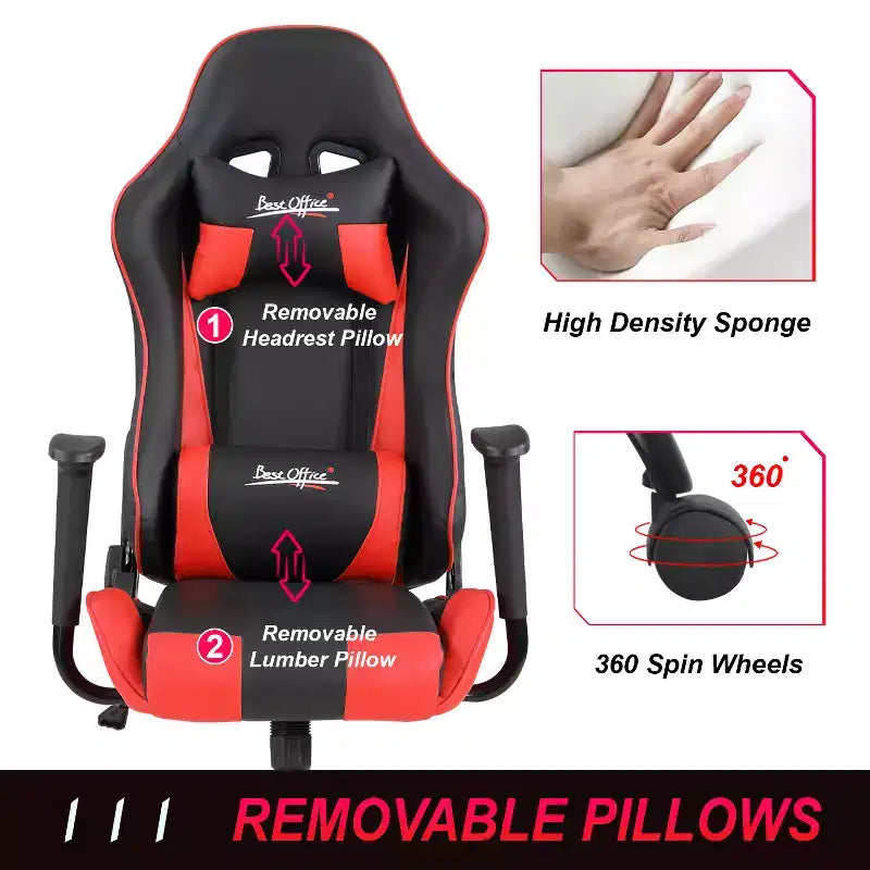 Chaise de bureau gamer avec support lombaire, appui-tête, accoudoirs et roulettes, chaise d'ordinateur pivotante pour joueur sur PC