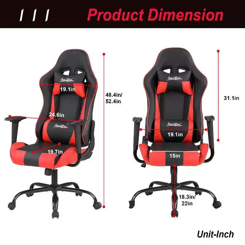 Chaise de bureau gamer avec support lombaire, appui-tête, accoudoirs et roulettes, chaise d'ordinateur pivotante pour joueur sur PC
