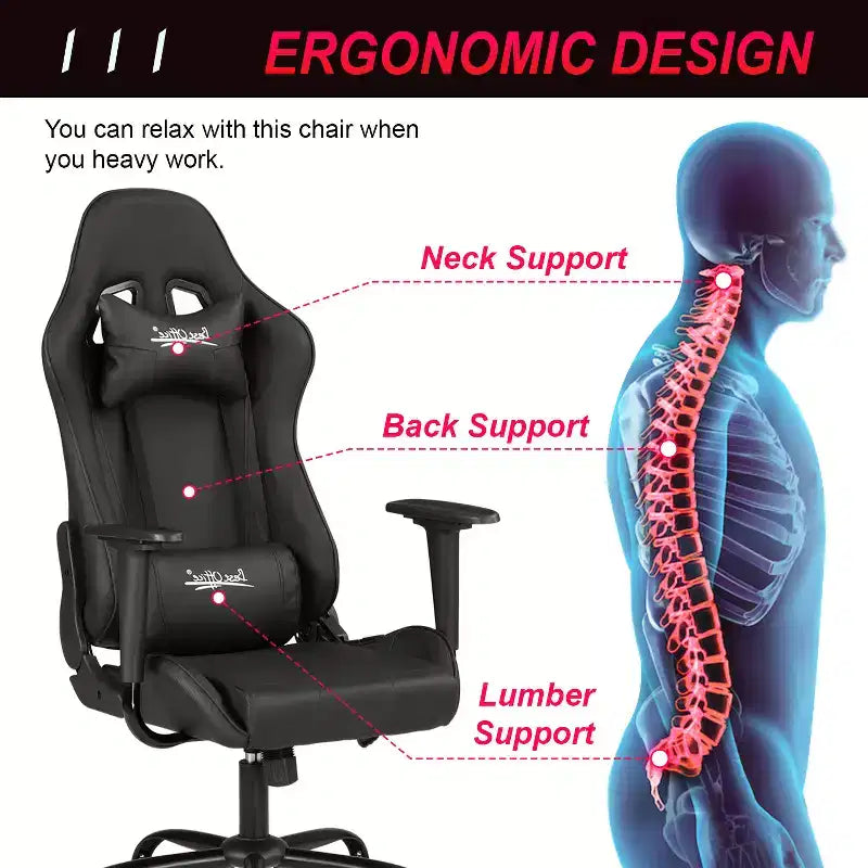 Chaise de bureau gamer avec support lombaire, appui-tête, accoudoirs et roulettes, chaise d'ordinateur pivotante pour joueur sur PC