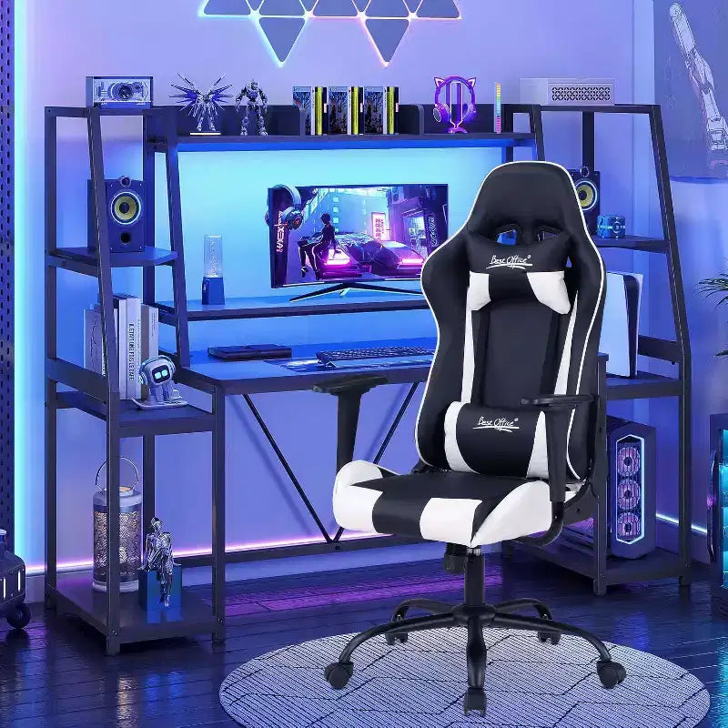 Chaise de bureau gamer avec support lombaire, appui-tête, accoudoirs et roulettes, chaise d'ordinateur pivotante pour joueur sur PC