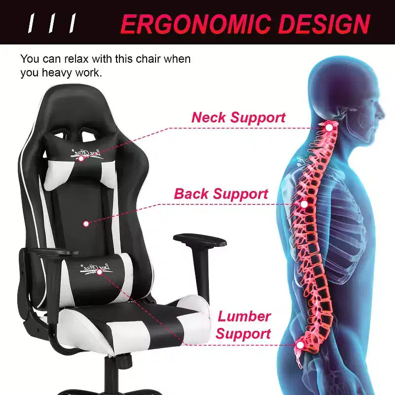 Chaise de bureau gamer avec support lombaire, appui-tête, accoudoirs et roulettes, chaise d'ordinateur pivotante pour joueur sur PC