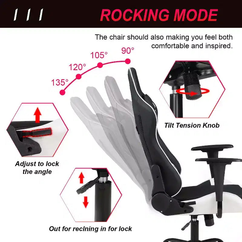 Chaise de bureau gamer avec support lombaire, appui-tête, accoudoirs et roulettes, chaise d'ordinateur pivotante pour joueur sur PC