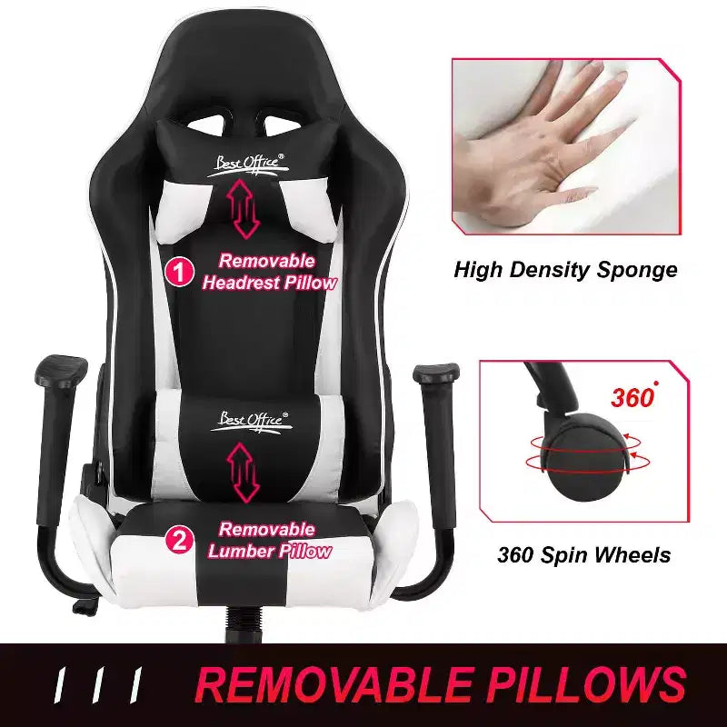 Chaise de bureau gamer avec support lombaire, appui-tête, accoudoirs et roulettes, chaise d'ordinateur pivotante pour joueur sur PC