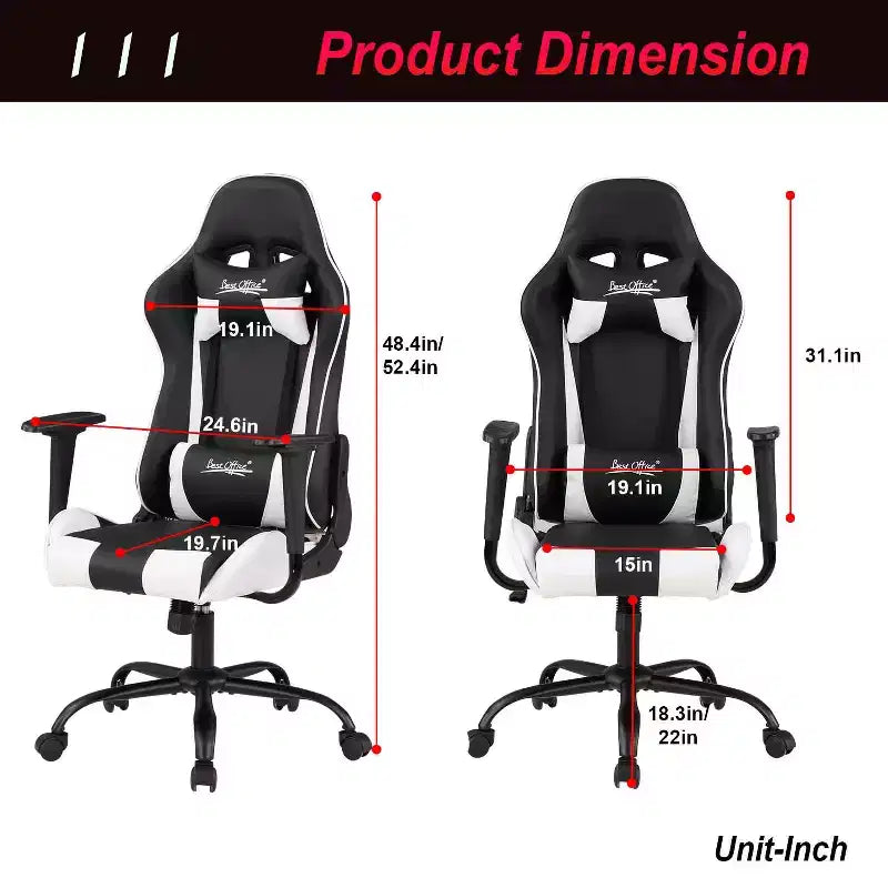 Chaise de bureau gamer avec support lombaire, appui-tête, accoudoirs et roulettes, chaise d'ordinateur pivotante pour joueur sur PC