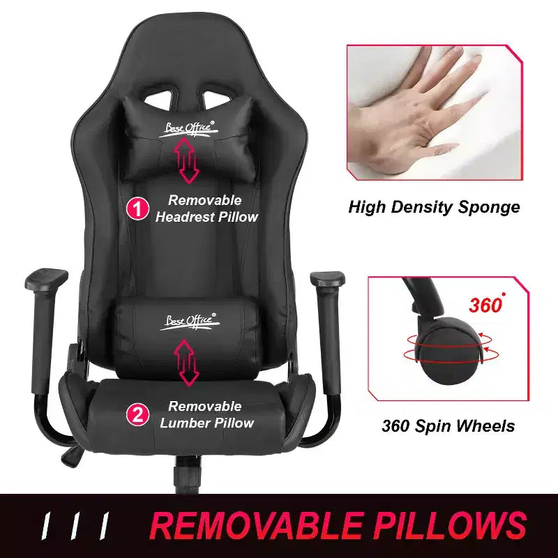 Chaise de bureau gamer avec support lombaire, appui-tête, accoudoirs et roulettes, chaise d'ordinateur pivotante pour joueur sur PC