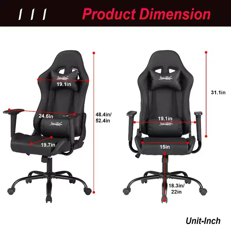 Chaise de bureau gamer avec support lombaire, appui-tête, accoudoirs et roulettes, chaise d'ordinateur pivotante pour joueur sur PC