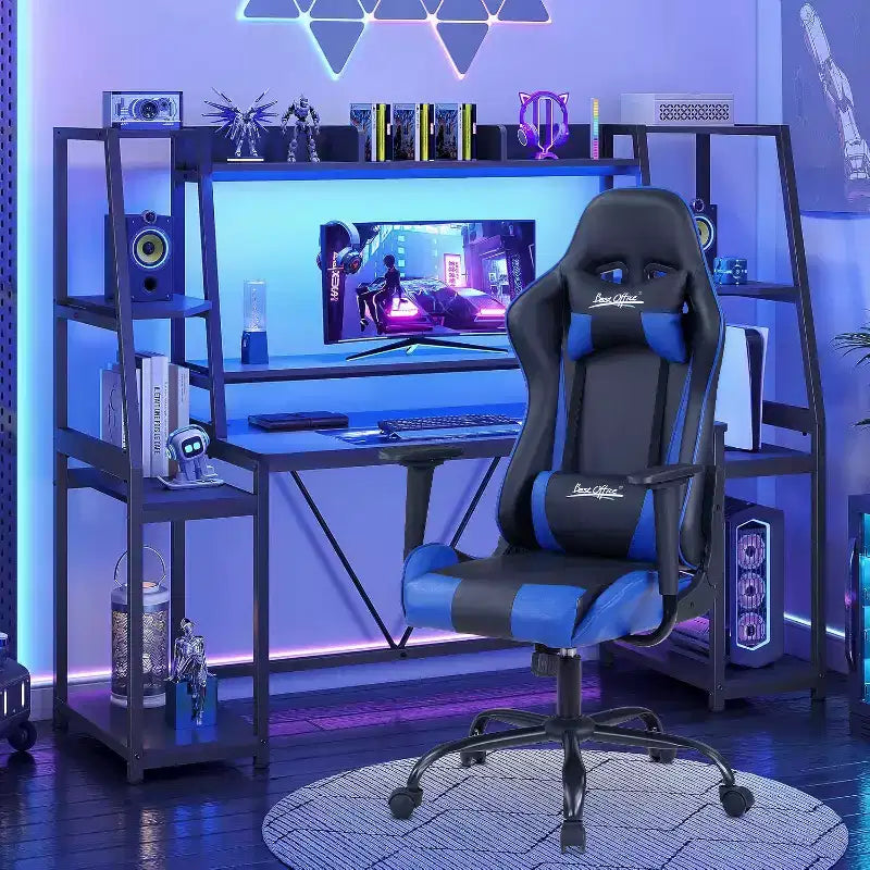 Chaise de bureau gamer avec support lombaire, appui-tête, accoudoirs et roulettes, chaise d'ordinateur pivotante pour joueur sur PC