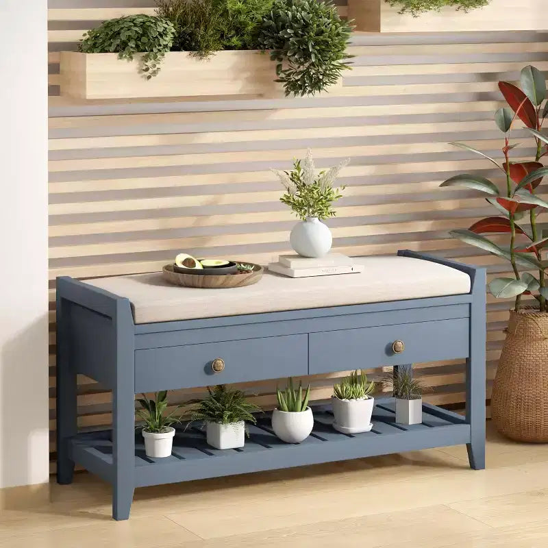Banc d'entrée 2-en-1 de 99 cm avec coussin et armoire à chaussures de rangement