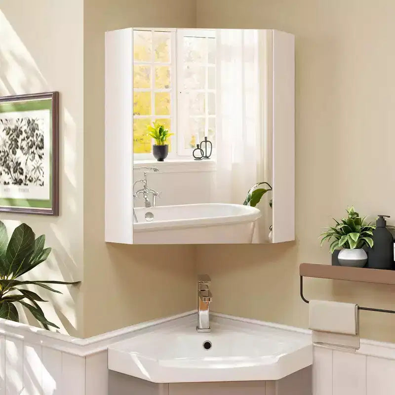 23,5 Organiseur de Rangement Mural d'Angle pour Médicaments avec Miroir Blanc/Marron