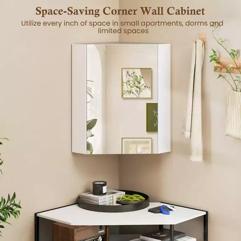 23,5 Organiseur de Rangement Mural d'Angle pour Médicaments avec Miroir Blanc/Marron