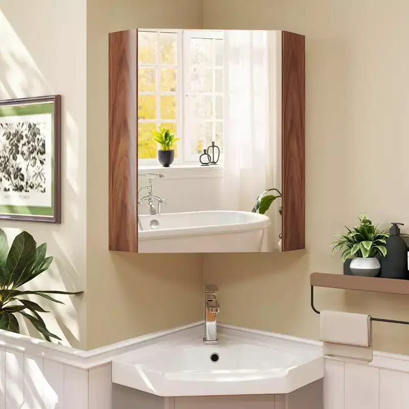 23,5 Organiseur de Rangement Mural d'Angle pour Médicaments avec Miroir Blanc/Marron