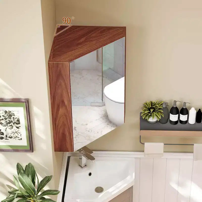 23,5 Organiseur de Rangement Mural d'Angle pour Médicaments avec Miroir Blanc/Marron
