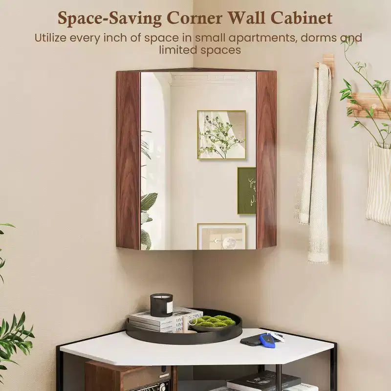 23,5 Organiseur de Rangement Mural d'Angle pour Médicaments avec Miroir Blanc/Marron