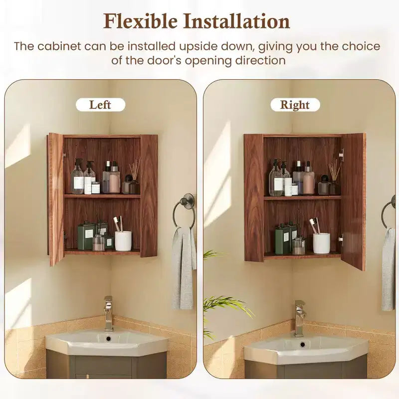 23,5 Organiseur de Rangement Mural d'Angle pour Médicaments avec Miroir Blanc/Marron