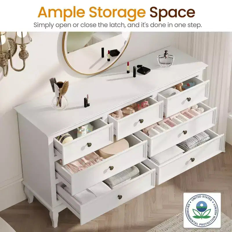 Commode pour chambre à coucher, commode à 7 tiroirs avec pieds en bois et finition de peinture distinctifs, idéale pour la chambre à coucher, le salon, le couloir