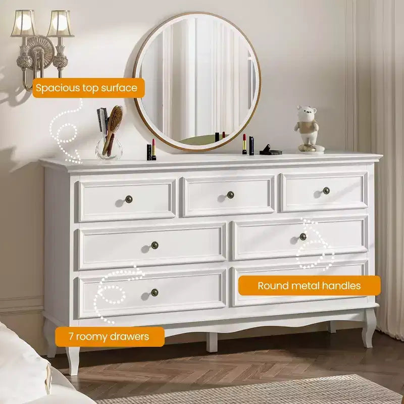 Commode pour chambre à coucher, commode à 7 tiroirs avec pieds en bois et finition de peinture distinctifs, idéale pour la chambre à coucher, le salon, le couloir