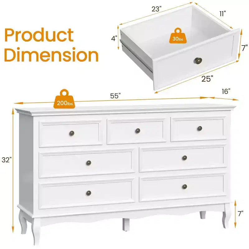 Commode pour chambre à coucher, commode à 7 tiroirs avec pieds en bois et finition de peinture distinctifs, idéale pour la chambre à coucher, le salon, le couloir