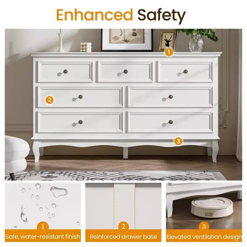 Commode pour chambre à coucher, commode à 7 tiroirs avec pieds en bois et finition de peinture distinctifs, idéale pour la chambre à coucher, le salon, le couloir