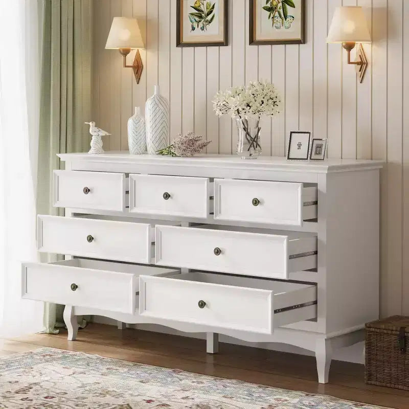 Commode pour chambre à coucher, commode à 7 tiroirs avec pieds en bois et finition de peinture distinctifs, idéale pour la chambre à coucher, le salon, le couloir