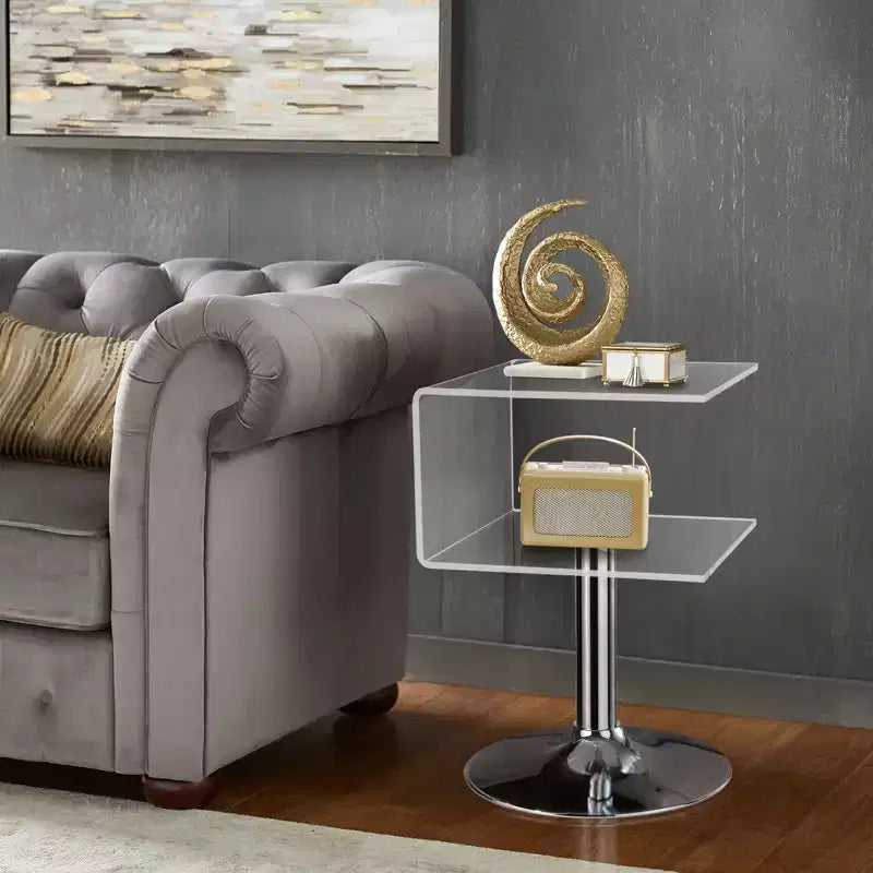 Bekrvio 15.8'' Clear Acrylic C Shaped Side Table with Stainless Steel Base,Double-Layer Modern Small End Table for Couch, Nightstand in Living Room