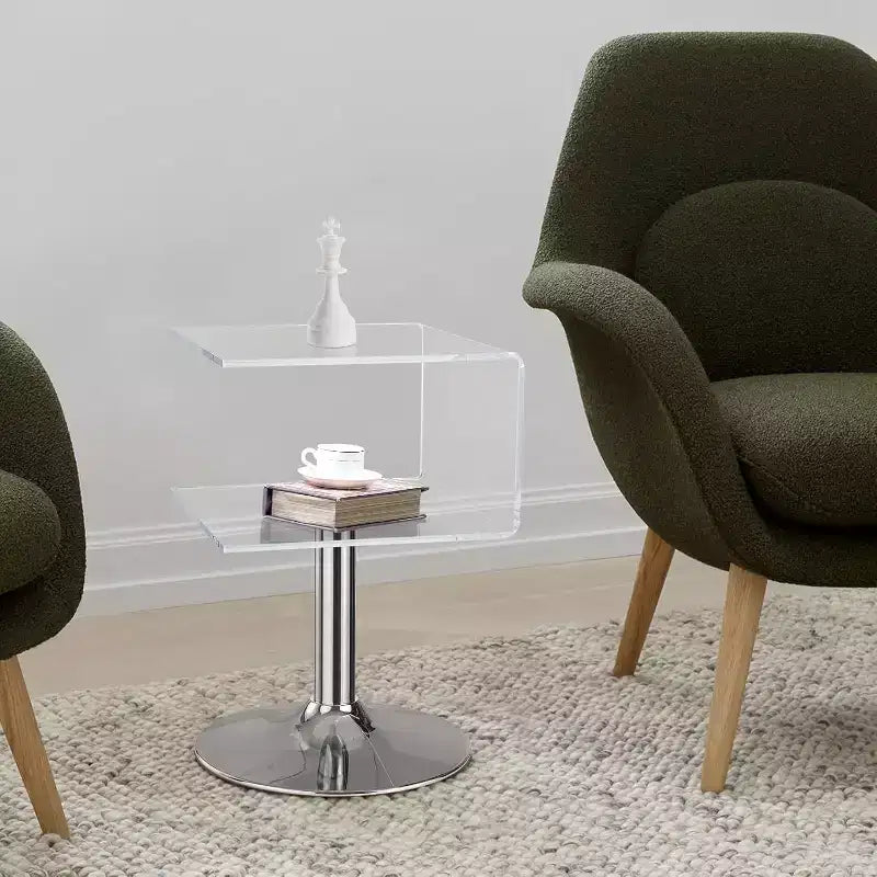 Bekrvio 15.8'' Clear Acrylic C Shaped Side Table with Stainless Steel Base,Double-Layer Modern Small End Table for Couch, Nightstand in Living Room