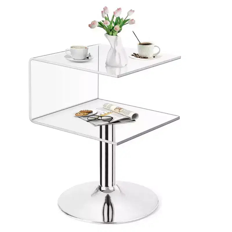 Bekrvio 15.8'' Clear Acrylic C Shaped Side Table with Stainless Steel Base,Double-Layer Modern Small End Table for Couch, Nightstand in Living Room