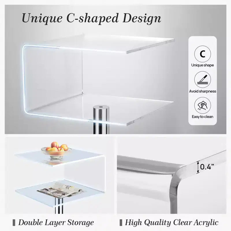Bekrvio 15.8'' Clear Acrylic C Shaped Side Table with Stainless Steel Base,Double-Layer Modern Small End Table for Couch, Nightstand in Living Room