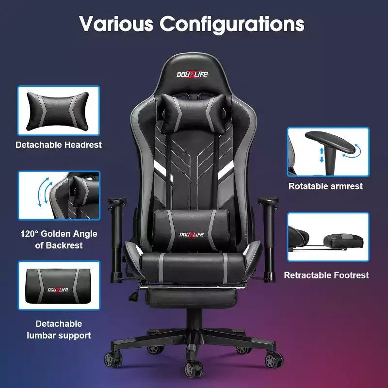 Douxlife Modern 7-Point Massage Ergonomic Gaming Chair with Footrest & Adjustable Armrests Black Gray