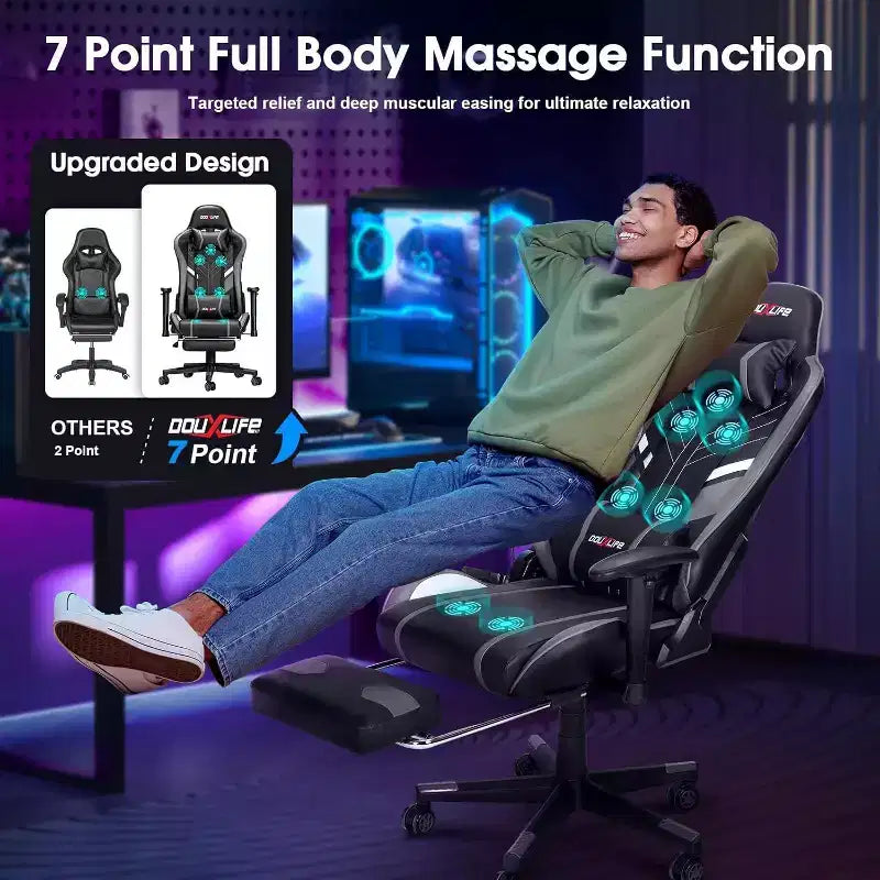 Douxlife Modern 7-Point Massage Ergonomic Gaming Chair with Footrest & Adjustable Armrests Black Gray