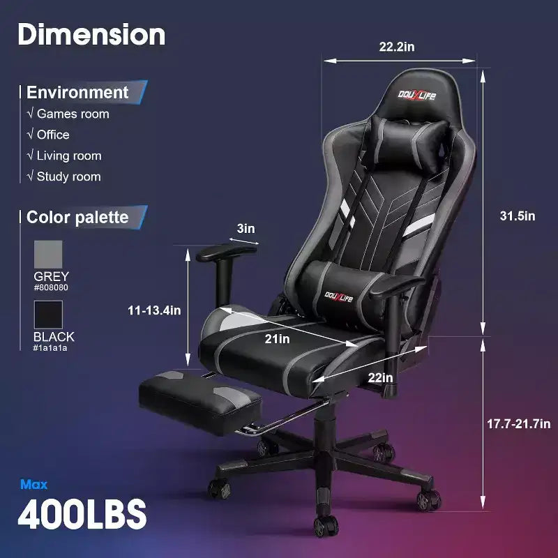 Douxlife Modern 7-Point Massage Ergonomic Gaming Chair with Footrest & Adjustable Armrests Black Gray