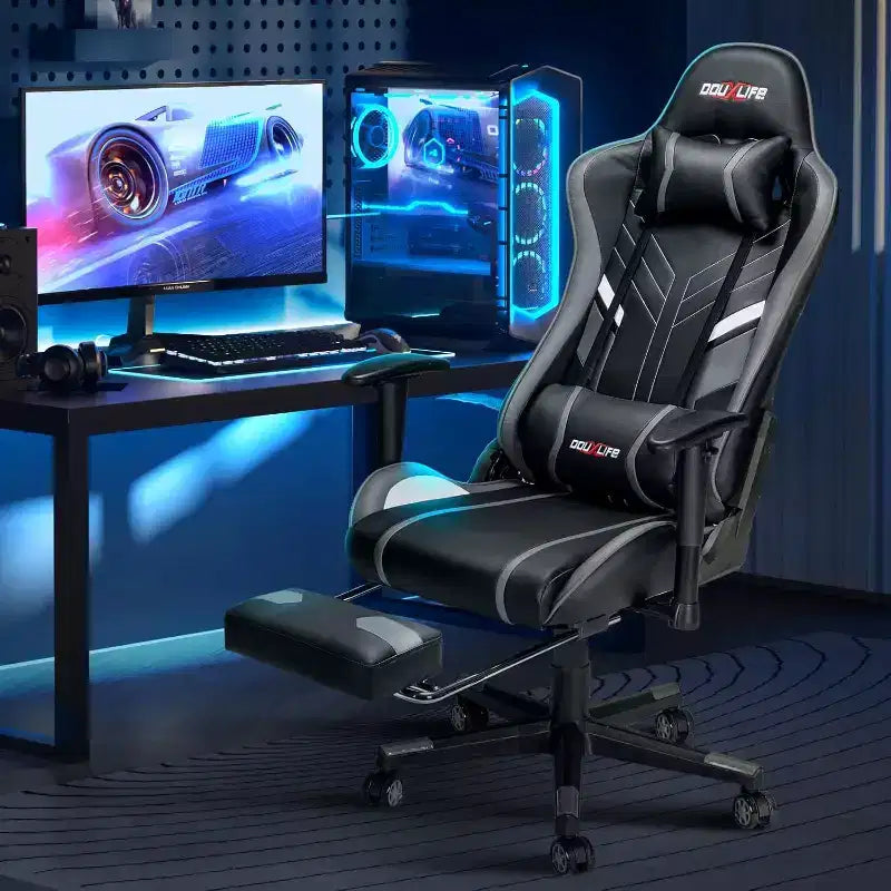 Douxlife Modern 7-Point Massage Ergonomic Gaming Chair with Footrest & Adjustable Armrests Black Gray