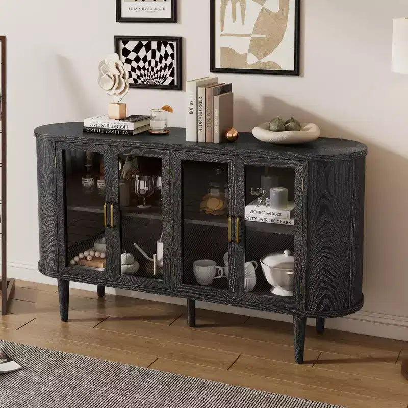 Farmhouse Storage Cabinet Sideboard Wood Buffet Accent Cabinet with Glass Doors & Adjustable Shelves, Black/Natural-ModernLuxe