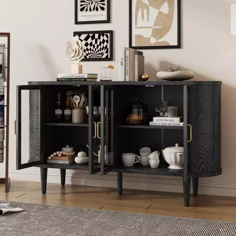 Farmhouse Storage Cabinet Sideboard Wood Buffet Accent Cabinet with Glass Doors & Adjustable Shelves, Black/Natural-ModernLuxe