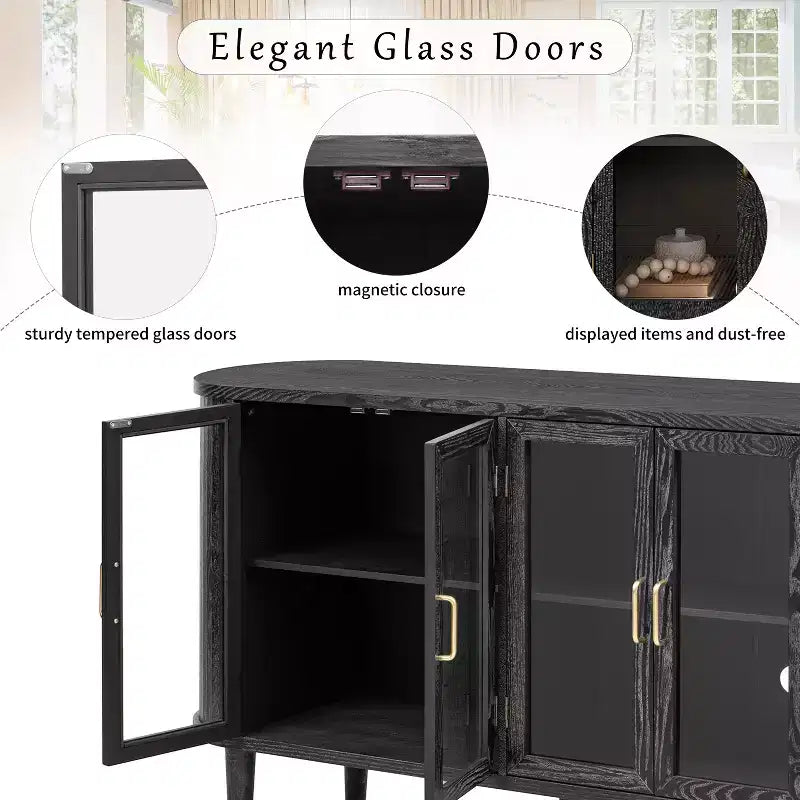 Farmhouse Storage Cabinet Sideboard Wood Buffet Accent Cabinet with Glass Doors & Adjustable Shelves, Black/Natural-ModernLuxe