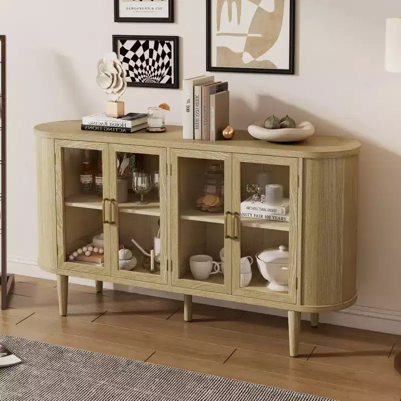 Farmhouse Storage Cabinet Sideboard Wood Buffet Accent Cabinet with Glass Doors & Adjustable Shelves, Black/Natural-ModernLuxe